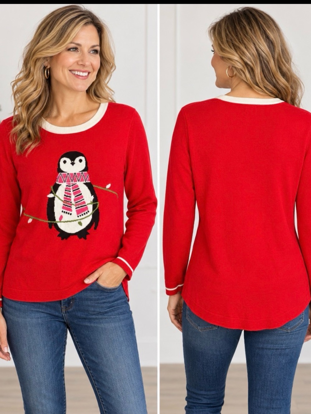 Crown Ivy PL Petite Large Cotton Top Red Penguin Knit Christmas Ugly NEW